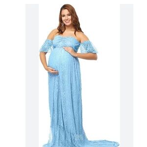 New XL Maternity Light  blue lace off-shoulder Photoshoot maternity maxi dress